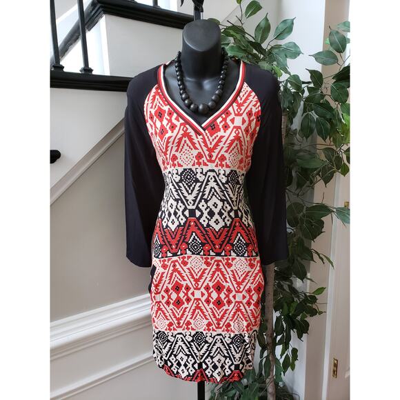 Scotch and Soda Knee Length Dress Womens Multi Geo Print Viscose Split V Neck - Picture 1 of 12